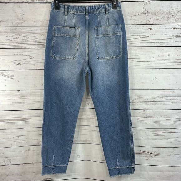 We The Free People SZ 31 Mom Jeans High-Rise Raw Stacked Hems Faded Pockets Blue - Picture 4 of 11